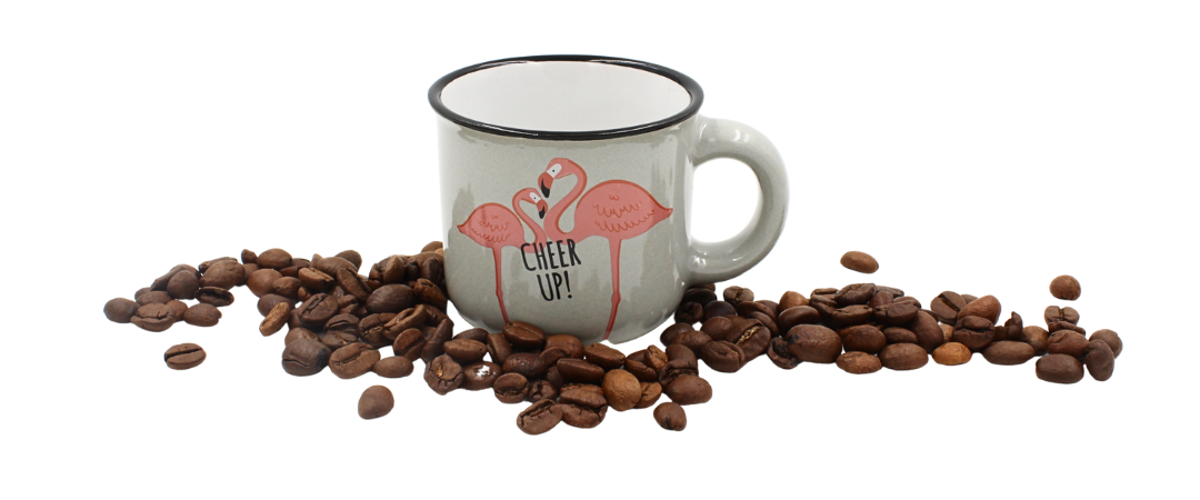 Cană cafea espresso Nekupto 80 ml, ceramică, gri, mesajul „„CHEER UP!”